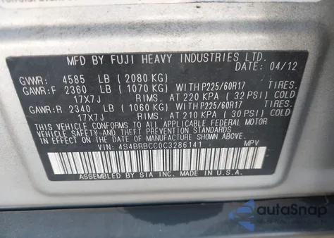 2012 Subaru Outback 2.5I Premium from USA, damaged, VIN 4S4BRBCC0C3286141